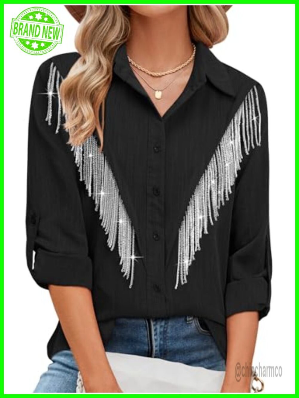 Sparkly Rhinestone Fringe Button Down Shirt Western Cowgirl Concert Top